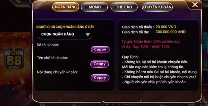 Hướng dẫn cách nạp tiền Tun88 club